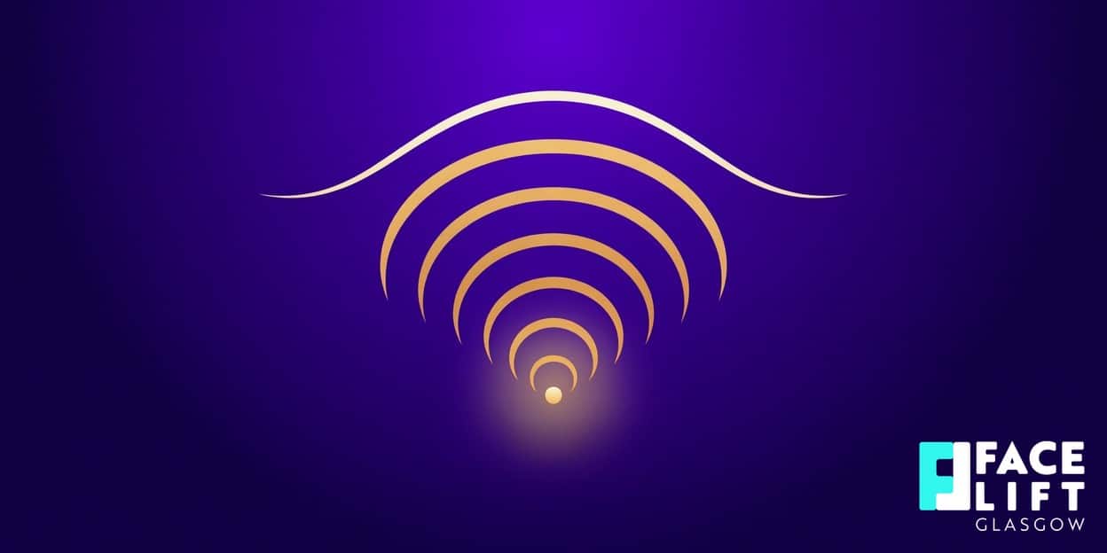 Flat-vector illustration of concentric ultrasound arcs converging to a single glowing point beneath an abstract skin-surface line, symbolising focused ultrasound lifting