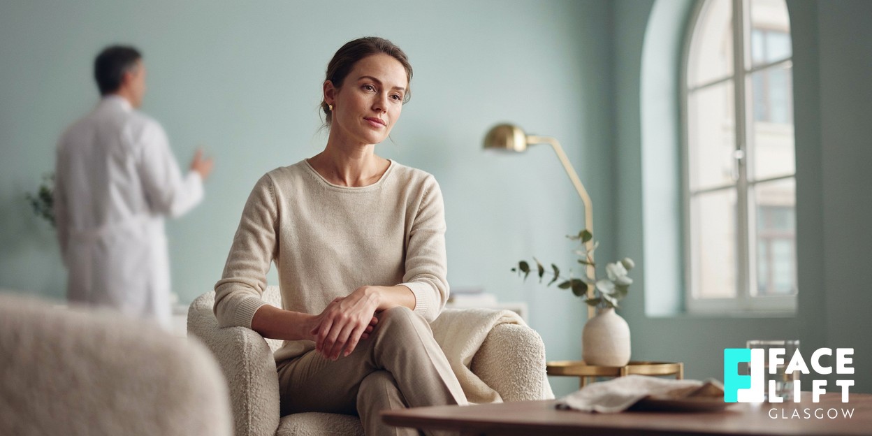 Photorealistic editorial photograph of a woman in a bright, calm clinic consultation, listening thoughtfully as her options are talked through, soft neutral tones and gentle daylight