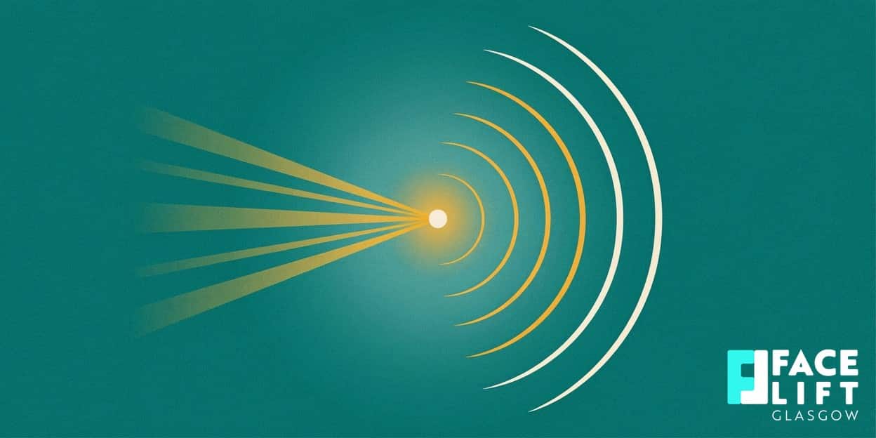 Flat-vector illustration on a teal background of two contrasting energy motifs — a tightly focused converging beam and a broad radiating warmth — poised in balance to symbolise HIFU versus radiofrequency