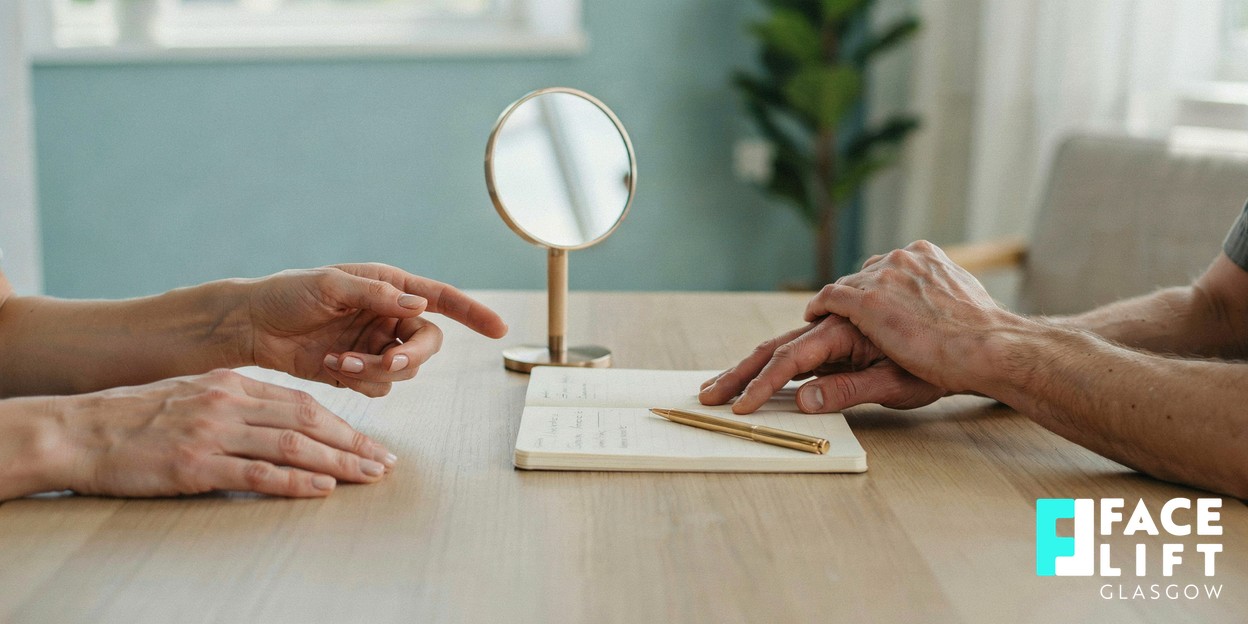 Warm, softly lit modern consultation scene, candid crop of two pairs of hands over a light table with a notebook and a small mirror, conveying an honest, unhurried conversation